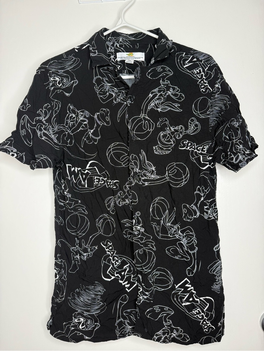 Space Jam 25th Anniversary Black Graphic Short-Sleeve Button-Up Shirt Small